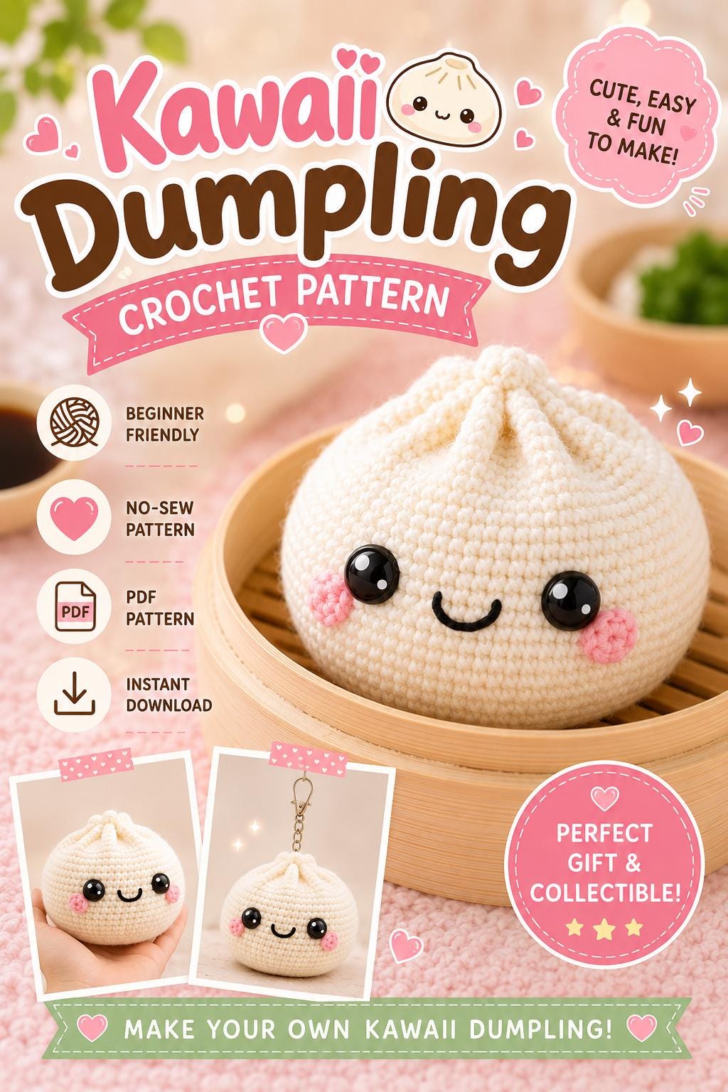 38 Crochet Kawaii Patterns with Keychains, Amigurumi, Hats, and Coasters 5 Kawaii Dumpling Crochet