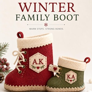 May include: Two felt boots with cream-coloured cuffs and laces. The larger red boot features a hexagonal patch with the initials A.K. The smaller green boot features a hexagonal patch with the initials K.A. Text reads WINTER FAMILY BOOT, WARM STEPS. STRONG BONDS., and PERSONALIZED WITH INITIALS.