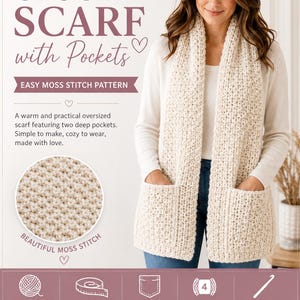 Crochet Scarf with Pockets Pattern, Easy Moss Stitch, Beginner PDF
