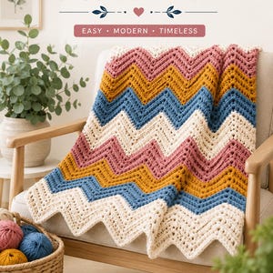 May include: A crochet blanket featuring a zig zag pattern in stripes of cream, dusty rose, mustard yellow, and blue. The text reads ZIG ZAG CROCHET PATTERN, EASY MODERN TIMELESS, BEGINNER FRIENDLY, PHOTO TUTORIAL, STITCH CHART INCLUDED, CUSTOMIZABLE SIZE.
