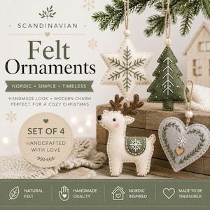 May include: A set of four felt ornaments including a white star with green stitching, a green Christmas tree with white embroidery, a white reindeer with brown antlers, and a grey heart with green and white floral embroidery, all with twine loops.