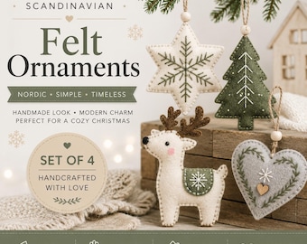 May include: A set of four felt ornaments including a white star with green stitching, a green Christmas tree with white embroidery, a white reindeer with brown antlers, and a grey heart with green and white floral embroidery, all with twine loops.