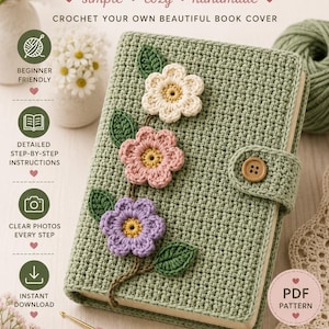 Crochet Book Cover Pattern PDF, Floral Book Sleeve Pattern, A5 Notebook Cover, Kindle Sleeve, Journal Cover
