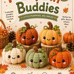 May include: A crochet pattern document titled Pumpkin Buddies featuring five small, round, stuffed pumpkins in orange, yellow, cream, and green. Each pumpkin has a brown stem, green curly vines, black eyes, and pink cheeks. Text includes NO SEW, EASY & BEGINNER FRIENDLY, QUICK & FUN, and PERFECT FOR GIFTS & DECOR.