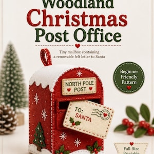 Può includere: Un progetto di bricolage in feltro rosso e bianco intitolato Woodland Christmas Post Office. La cassetta delle lettere presenta una lettera in feltro rimovibile indirizzata a Babbo Natale, fiocchi di neve ricamati, un albero verde e bacche di agrifoglio.