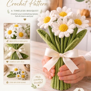 Könnte beinhalten: Eine Häkelanleitung für einen Gänseblümchenstrauß mit weißen Blütenblättern und gelben Mitten. Das Design enthält Text wie Daisy Bouquet Crochet Pattern, Beginner Friendly und Handmade with love. Grüne Stiele sind mit einem weißen Band gebunden.