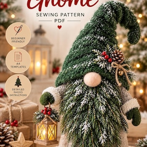 May include: A PDF sewing pattern for a Scandinavian gnome featuring text that reads Scandinavian Gnome Sewing Pattern. The gnome has a tall green knit hat, a long pine needle beard, a round nose, and holds a small lantern with red berries.