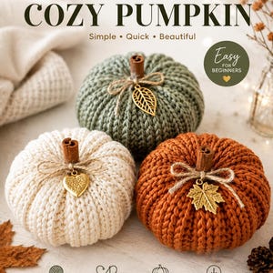 May include: A knitting pattern for a cozy pumpkin featuring three knitted pumpkins in sage green, cream, and burnt orange. Each pumpkin has a cinnamon stick stem, twine bow, and a gold-toned metal charm shaped like a leaf or heart.