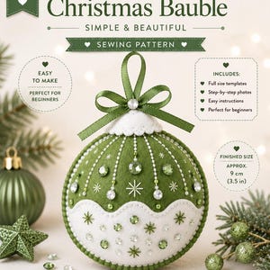 Puede incluir: Un patrón de costura para una bola de Navidad de fieltro de Dreamy Yarn Studio. El adorno de fieltro verde y blanco presenta un borde festoneado, cuentas decorativas y cristales transparentes. El tamaño final es de unos 9 cm.