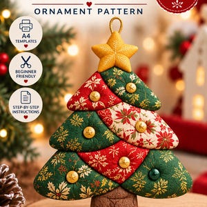 May include: A Kinusaiga Christmas tree ornament pattern featuring a quilted fabric design with red and green poinsettia prints, gold star accents, and a brown base. The text reads Kinusaiga Christmas Tree Ornament Pattern, PDF Pattern, A4 Templates, Beginner Friendly, and Step-by-Step Instructions.
