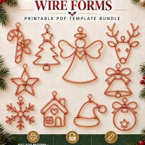 Könnte beinhalten: Ein druckbares PDF-Vorlagenpaket mit dem Titel 10 CHRISTMAS WIRE FORMS, das zehn kupferfarbene Drahtornament-Designs zeigt, darunter Zuckerstange, Baum, Engel, Rentier, Stern, Glocke, Schneeflocke, Haus, Mütze und Kugel, mit einer Skala von 18 cm.