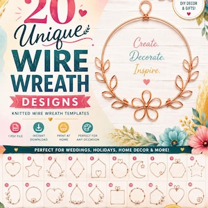 Può includere: Un documento digitale intitolato 20 Unique Wire Wreath Designs contenente modelli per ghirlande in filo metallico. La pagina mostra una ghirlanda in filo color rame con forme di foglie e fiori, insieme a venti illustrazioni numerate di varie forme.