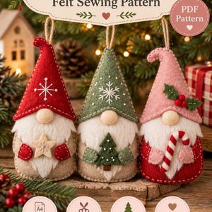 May include: A digital sewing pattern for three felt Christmas gnomes. The text reads Scandinavian Christmas Gnome Trio Felt Sewing Pattern, PDF Pattern, A4 PDF, Beginner Friendly, 3 Gnomes, Decorate Your Home, and Dreamy Yarn Studio.