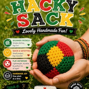 Pode incluir: Um hacky sack redondo de crochê multicolorido com painéis de fio vermelho, amarelo, verde e preto. A imagem inclui sobreposições de texto lendo CROCHET PLAY SHARE HACKY SACK, Lovely Handmade Fun, BEGINNER FRIENDLY, QUICK & SATISFYING, PLAY ANYWHERE, HANDMADE JOY, Stitch it. Kick it. Love it!, HANDMADE WITH LOVE e MADE WITH LOVE.