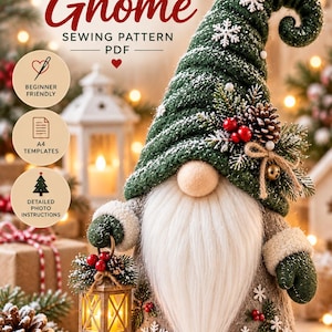 May include: A Scandinavian Gnome sewing pattern PDF by Dreamy Yarn Studio featuring a gnome with a tall green hat, white beard, and gray body. The hat is decorated with white snowflakes, pine sprigs, and red berries. The gnome holds a small lantern.