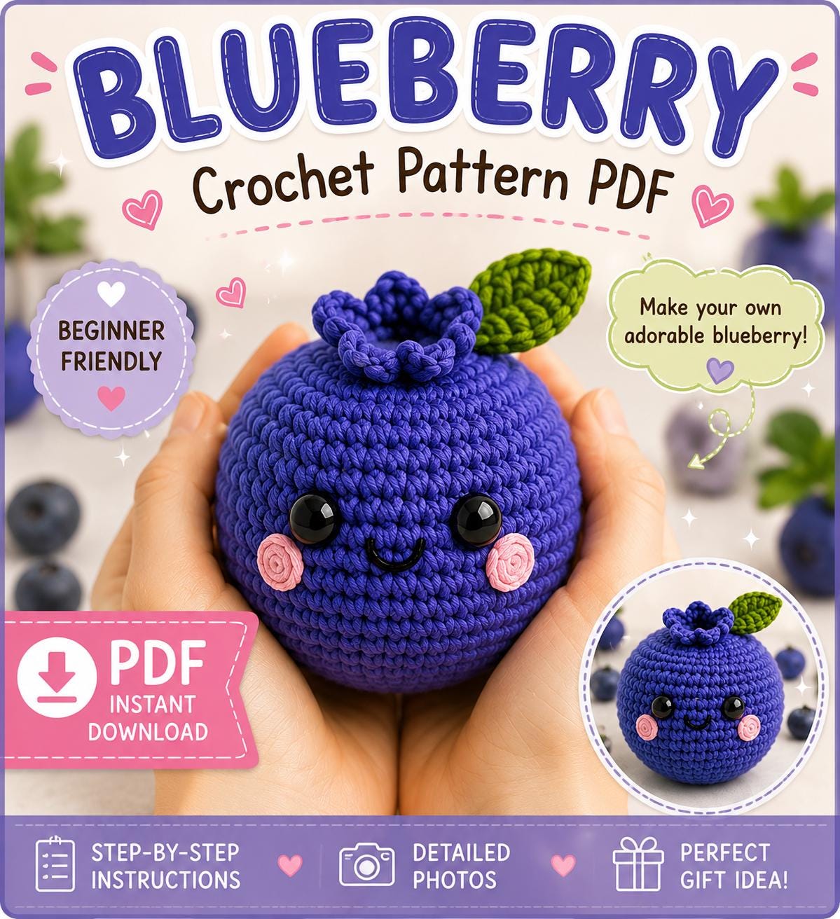 30 Blueberry Crochet Patterns for Fruit-Inspired Amigurumi, Keychains, Plushies, and More 4 Blueberry Crochet Pattern PDF, Kawaii Fruit Toy