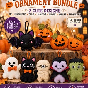May include: A digital pattern for seven felt Halloween ornaments including a bat, pumpkin trio, ghost, black cat, mummy, vampire, and Frankenstein. The image displays the finished felt figures with hanging loops and text detailing the PDF tutorial.