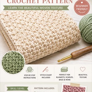 May include: A crochet pattern guide titled Fairy Art Home Moss Stitch Crochet Pattern. It features a beige textured swatch, a green yarn ball, a wooden crochet hook, and a pink swatch. Text includes Beginner Friendly, Easy, and US Crochet Terms.
