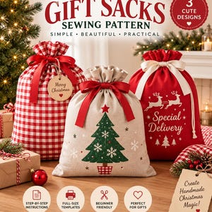 以下が含まれることがあります： 3種類のクリスマスギフトサックの縫製パターン。赤と白のギンガムチェック柄、緑のクリスマスツリーが描かれたベージュのサック、白いトナカイと「Special Delivery」の文字が描かれた赤いサックが含まれています。説明用のアイコン付き。