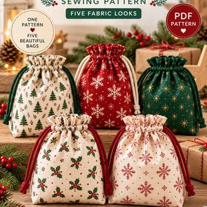 Christmas Gift Bag Sewing Pattern PDF, Drawstring Present Bag, Reusable Fabric Gift Bag, Beginner Christmas Sewing