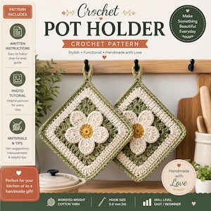 May include: A crochet pattern for a square pot holder featuring a white flower with a yellow center on a sage green background. The document includes written instructions, a photo tutorial, materials, tips, and specifies a 5.0 mm hook size.