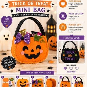 May include: A digital craft pattern for a felt Halloween pumpkin trick or treat mini bag. The guide includes step-by-step photo instructions, a list of materials, and a printable PDF template for creating a small orange pumpkin-shaped bag.