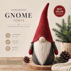 May include: A gnome figurine with a tall red felt hat, a long white faux fur beard, and a round wooden nose. The body is dark grey felt with red mittens. Text on the image reads: HANDMADE GNOME TOMTE, HANDCRAFTED WITH LOVE, BEST SELLER.