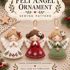 Puede incluir: Tres adornos de ángel de fieltro con detalles cosidos, con vestidos en color crema, rojo y verde. Cada ángel tiene una cabeza de cuenta de madera, un lazo para colgar y detalles florales bordados. El texto dice Felt Angel Ornament Sewing Pattern.