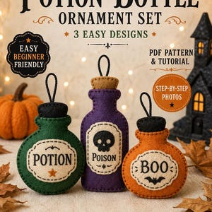 Peut inclure: Un patron en feutrine pour un ensemble d'ornements en forme de bouteilles de potion avec les inscriptions Potion, Poison et Boo. Le kit comprend un patron PDF, un tutoriel et des photos étape par étape. Les bouteilles en feutrine verte, violette et orange ont des boucles de suspension noires.