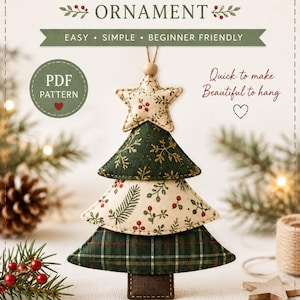 May include: A fabric Christmas tree ornament PDF pattern featuring a layered tree design with a star topper. The tree has three tiers in green and cream fabrics with snowflake, berry, and plaid patterns. Text includes Fabric Christmas Tree Ornament.