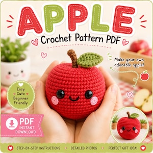 Op de afbeelding: Een digitaal PDF-haakpatroon voor een rode appel met een bruine steel en een groen blaadje. De appel heeft zwarte veiligheidsoogjes, een geborduurde glimlach en roze wangen. De tekst luidt APPLE Crochet Pattern PDF, Easy Cute Beginner Friendly en PDF INSTANT DOWNLOAD.