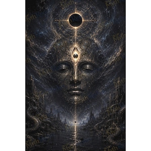 May include: A dark, surreal digital artwork featuring a large, textured face with a glowing third eye at the center. Above the head is a black sun surrounded by golden light rays. Below, a dark, reflective body of water flows through a landscape.