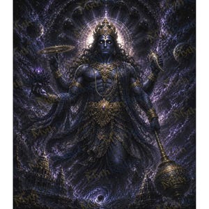 May include: A dark blue, four-armed deity figure adorned with intricate gold jewelry and a crown, holding a spinning disc, a conch shell, a lotus flower, and a heavy mace. The figure is set against a swirling, cosmic purple and black nebula background.
