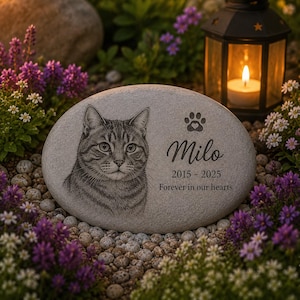 May include: A light gray oval memorial stone featuring an engraved portrait of a tabby cat, a paw print with a heart, the name Milo, the years 2015-2025, and the text Forever in our hearts, positioned among small pebbles and purple flowers.