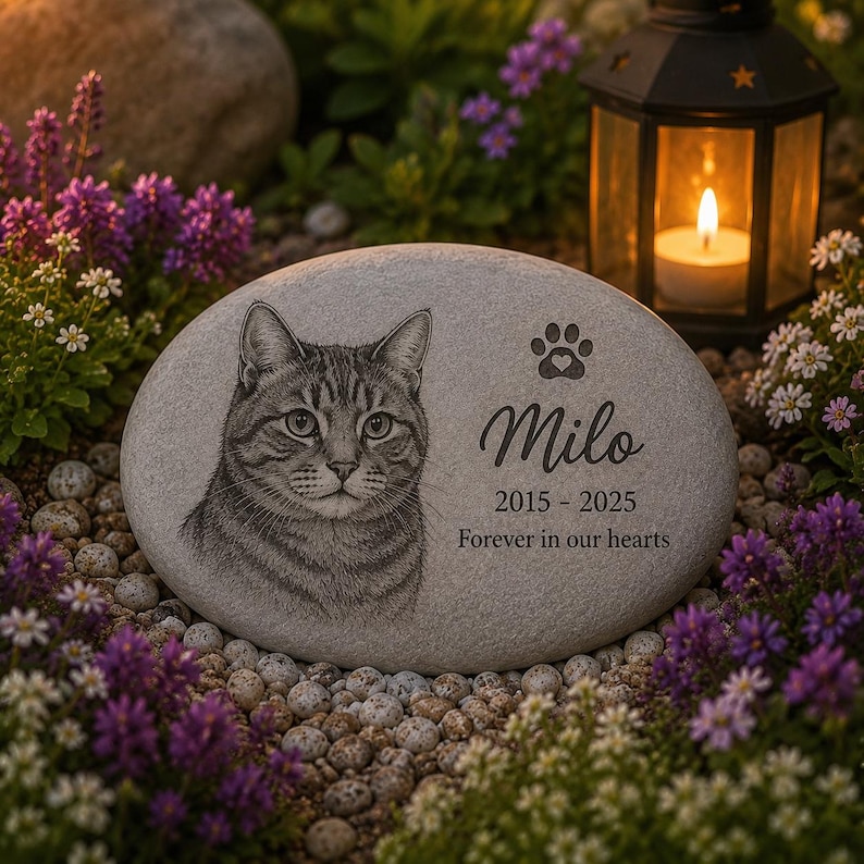 May include: A light gray oval memorial stone featuring an engraved portrait of a tabby cat, a paw print with a heart, the name Milo, the years 2015-2025, and the text Forever in our hearts, positioned among small pebbles and purple flowers.