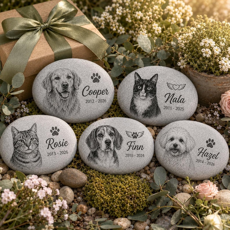 May include: Five oval gray memorial stones featuring engraved portraits of pets. Each stone displays a name, birth and death years, and a paw print or wing icon. The names include Cooper, Nala, Rosie, Finn, and Hazel, with detailed animal illustrations.
