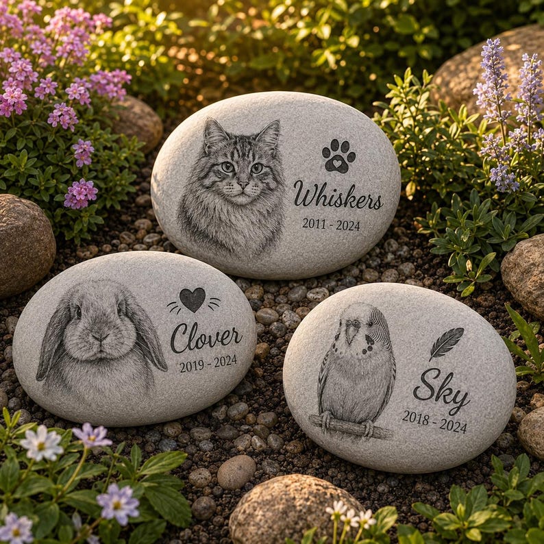 May include: Three light gray oval memorial stones featuring engraved portraits of a cat, a rabbit, and a parakeet. Each stone displays a name, dates, and a small icon: a paw print for Whiskers, a heart for Clover, and a feather for Sky.