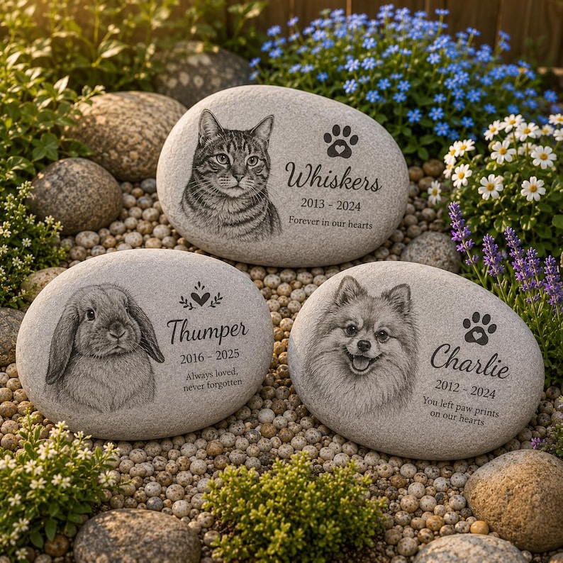 May include: Three oval light gray memorial stones featuring engraved portraits of a cat, a rabbit, and a dog. Each stone includes a name, birth and death years, and a short tribute. The cat stone says Whiskers 2013-2024, the rabbit stone says Thumper 2016-2025, and the dog stone says Charlie 2012-2024.