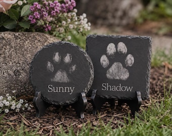 Custom Pet Paw Print Portrait, Personalized Dog or Cat Memorial Slate, Round or Square