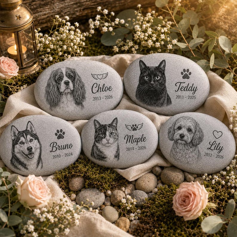 May include: Five oval gray memorial stones featuring engraved portraits of pets. Each stone displays a name and lifespan dates, including Chloe, Teddy, Bruno, Maple, and Lily. The designs incorporate symbols like hearts, wings, and paw prints.