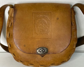 Vintage handmade tooled leather equestrian horse horseshoe emblem crossbody or shoulder bag purse