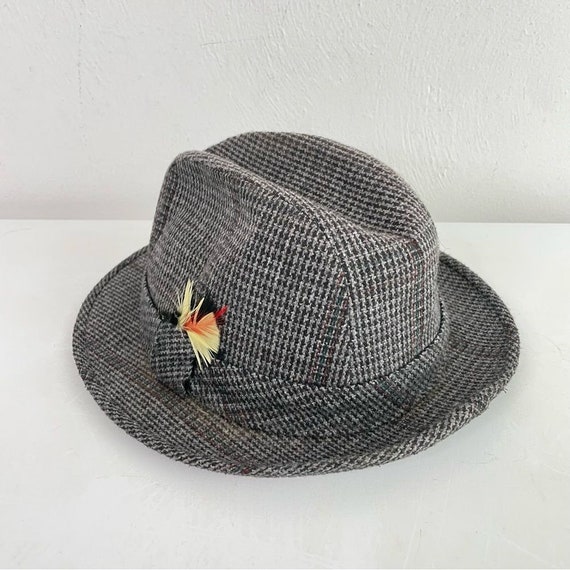STETSON Vintage Wool Plaid Tweed Fedora with Feat… - image 1