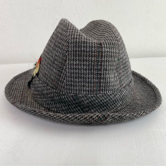 STETSON Vintage Wool Plaid Tweed Fedora with Feat… - image 4