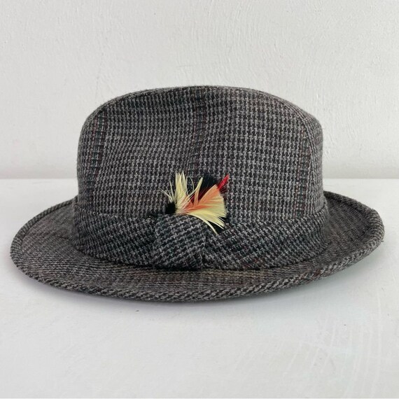 STETSON Vintage Wool Plaid Tweed Fedora with Feat… - image 3