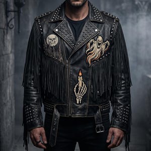 May include: A black leather jacket featuring silver metal studs on the lapels, shoulders, and cuffs. The jacket is decorated with embroidered patches of a skull, a ghost, and a skeletal hand holding a candle, along with long leather fringe.