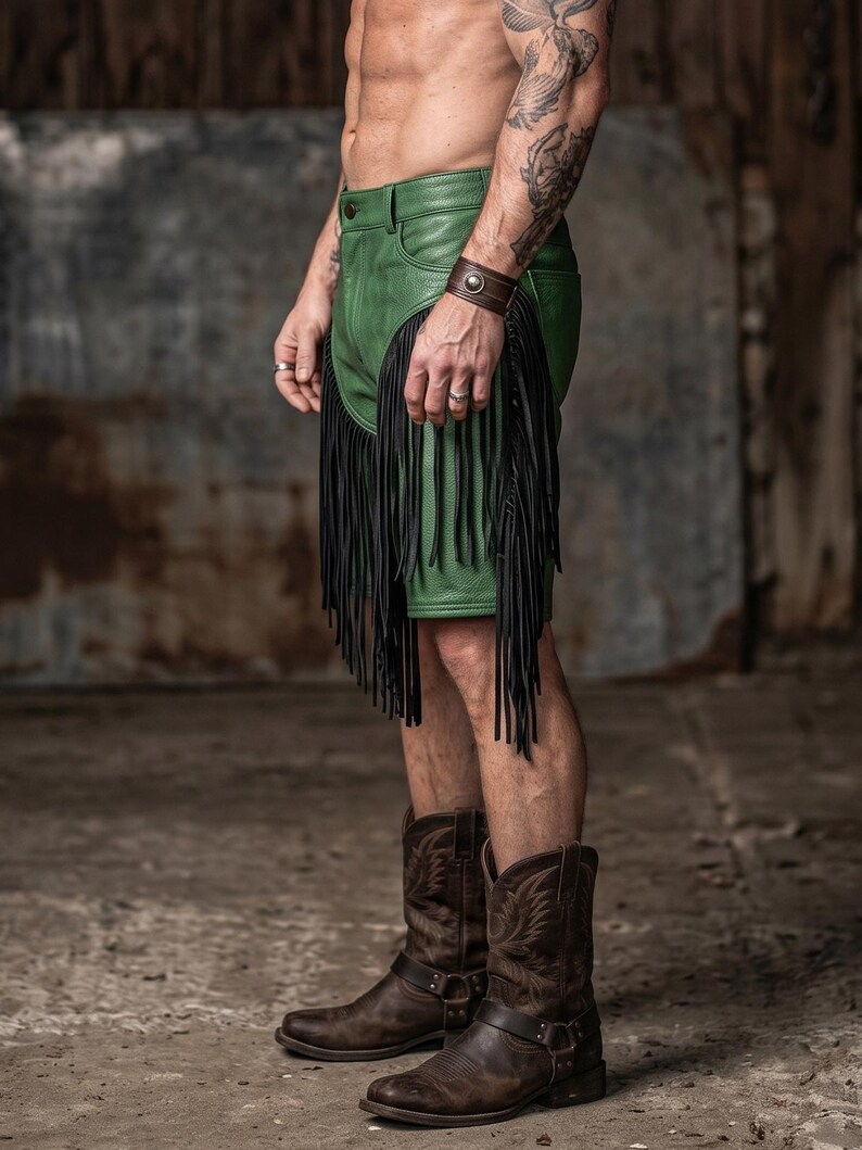 Men's Western Leather Shorts | Green & Black Fringe Design | Rodeo ...