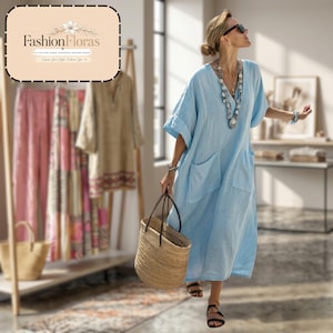 Linen Digital Print V Neck Long Dress with Patch Pockets