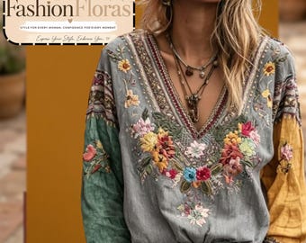Linen Boho V Neck Blouse Women Printed Retro Summer Top Casual Loose Tunic Shirt