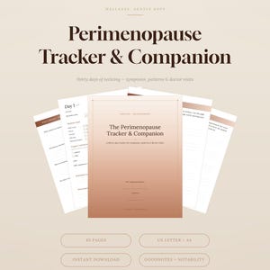 Könnte beinhalten: Ein digitaler Perimenopause Tracker & Companion Planer mit einem braunen Farbverlauf-Cover und mehreren sichtbaren Innenseiten. Der Text lautet Perimenopause Tracker & Companion, thirty days of noticing, symptoms, patterns & doctor visits.