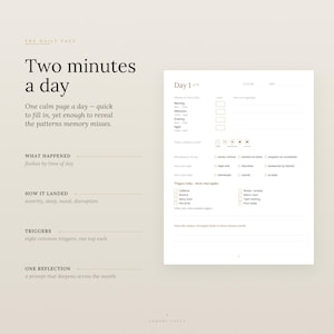 Puede incluir: Una p&aacute;gina de seguimiento diario titulada The Daily Page con el texto Two minutes a day. El dise&ntilde;o incluye secciones para registrar sofocos por hora del d&iacute;a, ritmo diario, calidad del sue&ntilde;o, estado de &aacute;nimo y desencadenantes comunes como cafe&iacute;na.